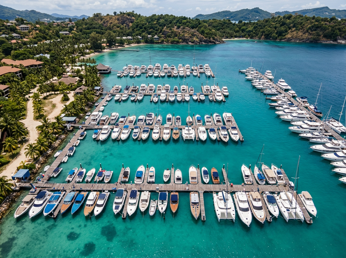 Vista aérea de una marina tropical con varias embarcaciones amarradas