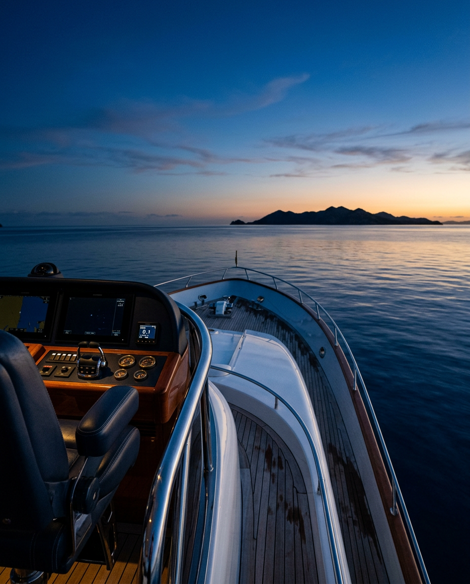 Vista desde el puesto de mando de un yate hacia el horizonte del Caribe al anochecer